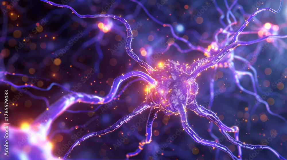 Poster neurons with glowing connections in vibrant digital representation, showcasing complexity of nervous