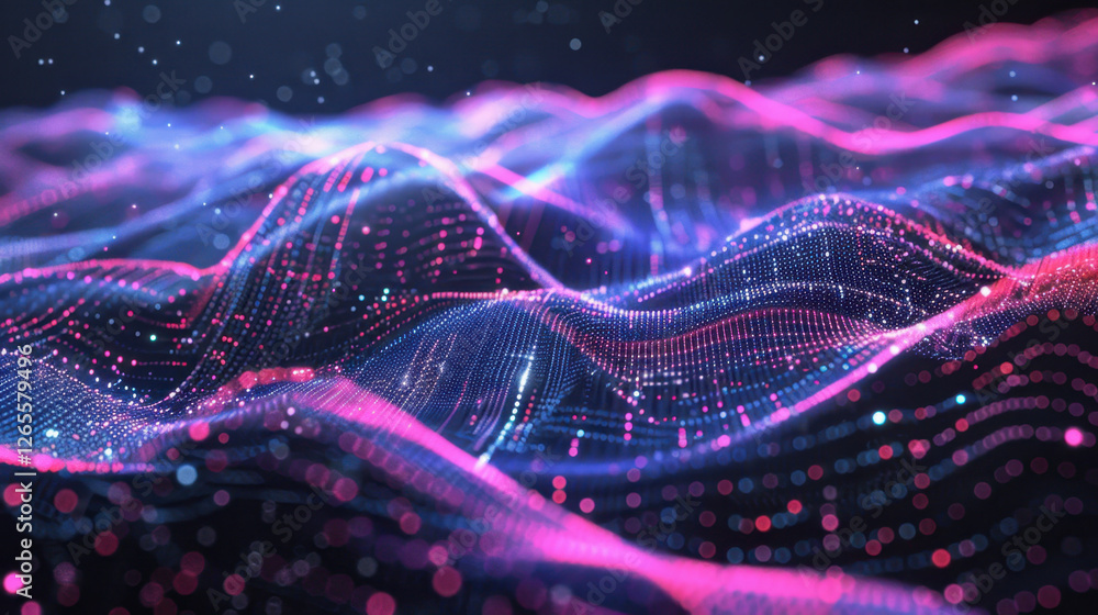 Poster abstract digital waves in vibrant pink and blue colors, creating mesmerizing visual effect. flowing 