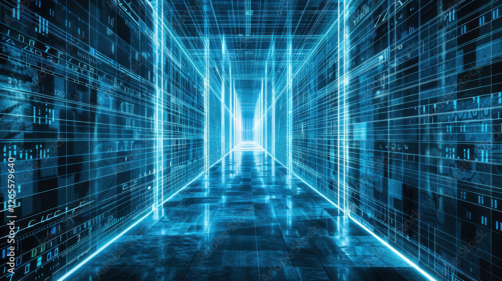 Poster futuristic corridor with glowing blue lines and digital patterns, creating sense of depth and techno