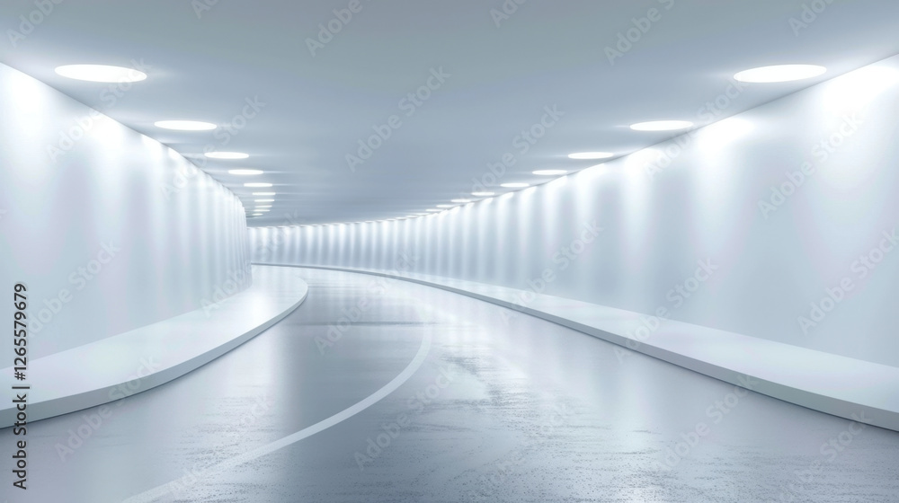 Poster modern, illuminated tunnel with smooth curves and reflective surfaces, creating serene and futuristi