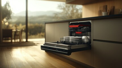 Modern kitchen dishwasher open, dishes inside, panoramic view,  home interior