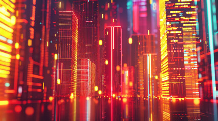 Obraz premium Futuristic cityscape with glowing neon lights and skyscrapers, creating vibrant and dynamic atmosphere. colorful reflections enhance modern urban feel