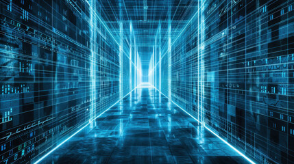futuristic corridor with glowing blue lines and digital patterns, creating sense of depth and technology. atmosphere is immersive and high tech, evoking feelings of innovation and exploration