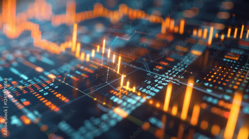 Poster digital data visualization with glowing graphs and charts