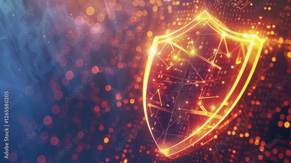 Poster digital shield symbolizing cybersecurity with glowing effects and abstract background