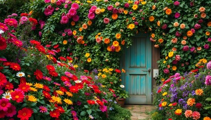 Naklejka premium A charming blue door surrounded by vibrant summer flowers