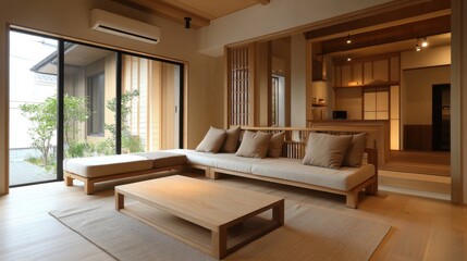 Fototapeta premium Cozy japanese interior showcasing a wooden sofa and open concept