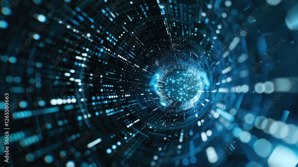 Poster abstract digital tunnel with glowing particles and data streams, creating sense of depth and motion.