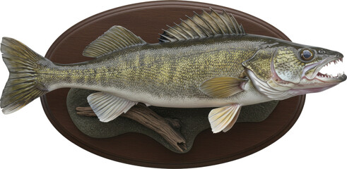 Naklejka premium Walleye Fish Mounted on a Wooden Plaque Display, Isolated Transparent png