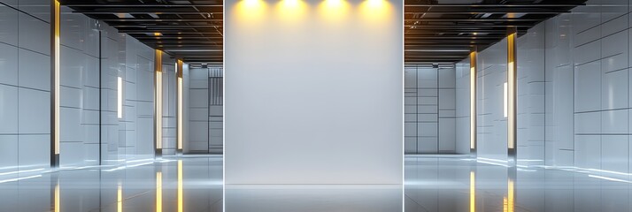 A towering rectangular white wall lit by six golden-yellow spotlights, positioned in a futuristic gallery with glossy white tiles and glowing LED strips.