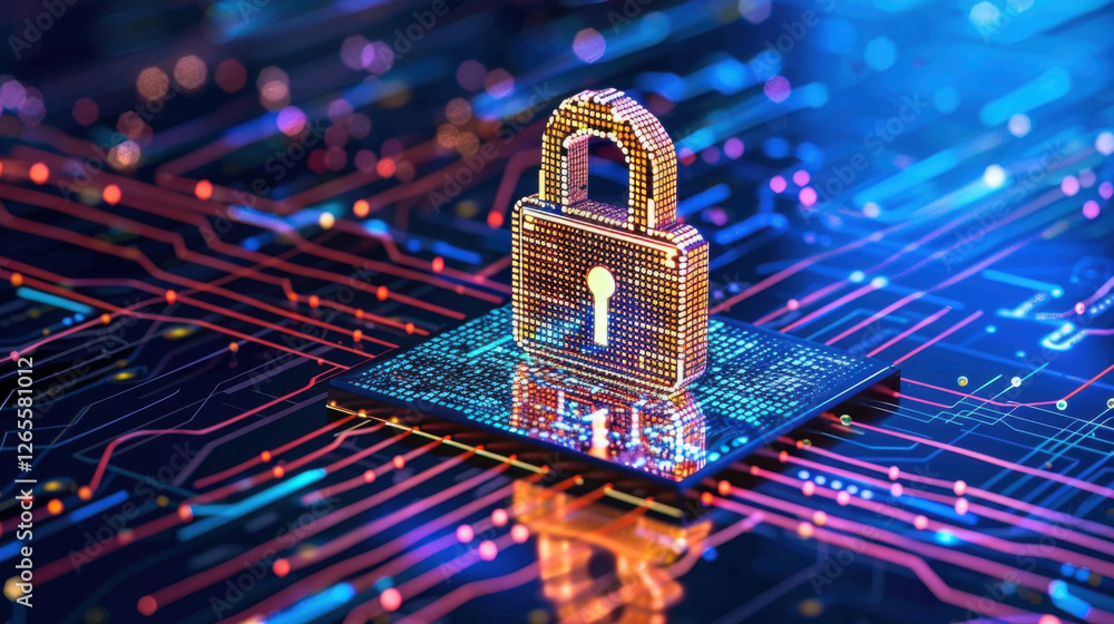 Poster digital lock on circuit board, representing cybersecurity and data protection. vibrant colors and in