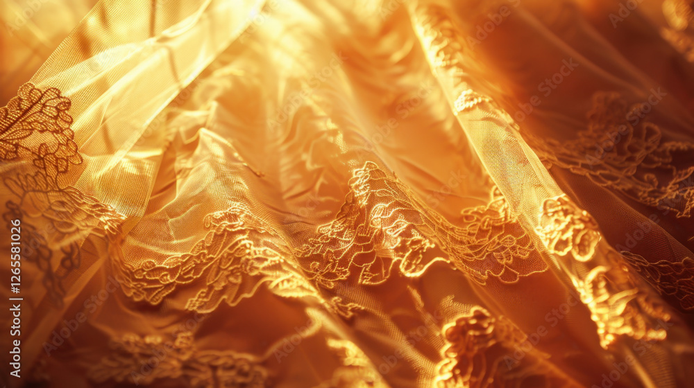 Poster delicate golden lace fabric with intricate patterns, creating luxurious and elegant texture. soft dr