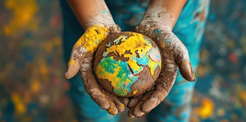 Hands covered in paint holding the earth like globe