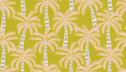 Tropical seamless pattern with hand drawn palm trees. Hawaiian summer background for fabric, textiles, clothing, poster, cover, decoration, banner, wallpaper, interior decor. Vector illustration.