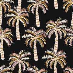 Tropical seamless pattern with hand drawn palm trees. Hawaiian summer background for fabric, textiles, clothing, poster, cover, decoration, banner, wallpaper, interior decor. Vector illustration.