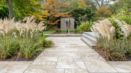 serene garden pathway leads to modern water feature, surrounded by lush greenery and ornamental grasses, creating tranquil outdoor space