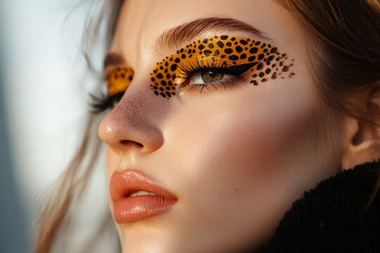 Young caucasian female with leopard print eye makeup close-up