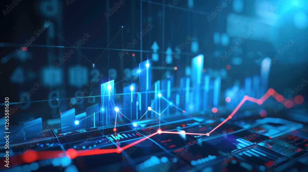 Poster digital financial graph with blue and red lines representing data trends, showcasing growth and anal