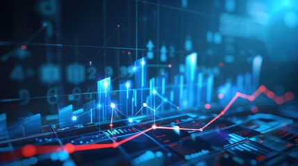 digital financial graph with blue and red lines representing data trends, showcasing growth and analysis in modern, high tech environment