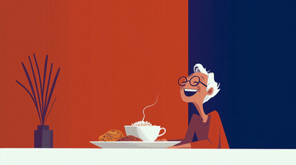 Cheerful elderly woman enjoying coffee and pastries in a minimalist modern setting with copy space