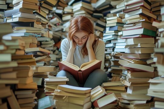 Young caucasian female surrounded by stacks of books deep in thoughtful reading
