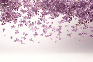 Lavender petals gently fall from flowering branches against a soft background in a serene, nature-inspired composition