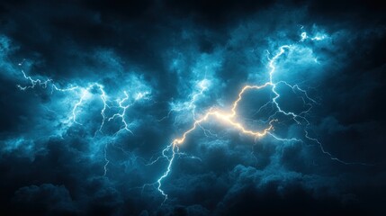 Blue lightning storm, night sky, energy, power