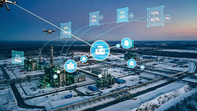 Advanced digital interface showing wireless data exchange between autonomous drones hovering near snow covered industrial facility during twilight technological networking