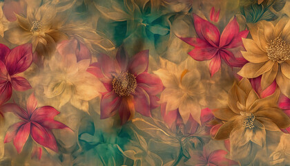 Elegant Vintage Floral Pattern with Warm Golden and Red Tones in Artistic Design