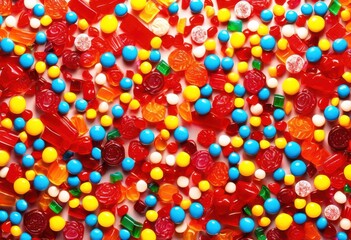 Fototapeta premium vibrant candy explosion creating colorful burst clean white showcasing assorted candies dynamic array, colors, background, sugary, sweets, fun, party