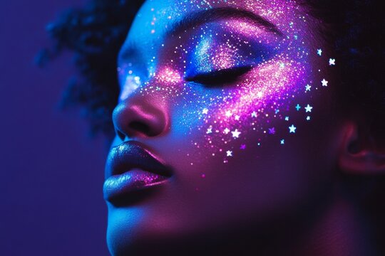African female with cosmic neon glitter makeup in dark setting