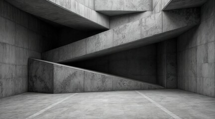 Monolithic concrete structure with dramatic fractured shapes, rough gray textures, deep atmospheric shadows, minimalist brutalist style, industrial empty space, high-definition architectural visualiza