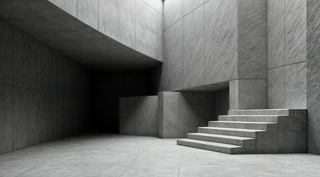Abstract brutalist architecture with sharp angular concrete walls, geometric ceiling, structural raw surfaces, high-contrast shadows, contemporary industrial design, photorealistic