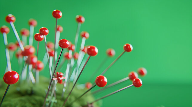 Push pins product shoot, hyper realistic, perspective photo shoot, focus on product, solid green background, eye level, 4k --no shadow, text 