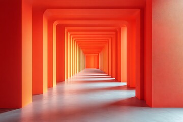 Fototapeta premium Vibrant red corridor with archways creating a sense of depth and perspective in a modern space