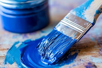 Fototapeta premium Close-up of blue paintbrush and paint on wooden surface