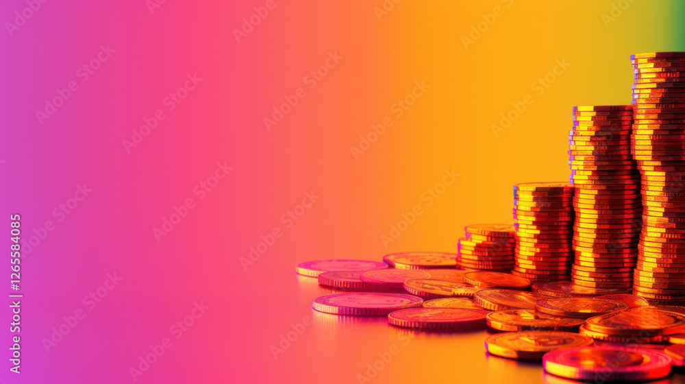 Poster colorful coins stacked in gradient background create vibrant financial theme. shiny coins reflect li