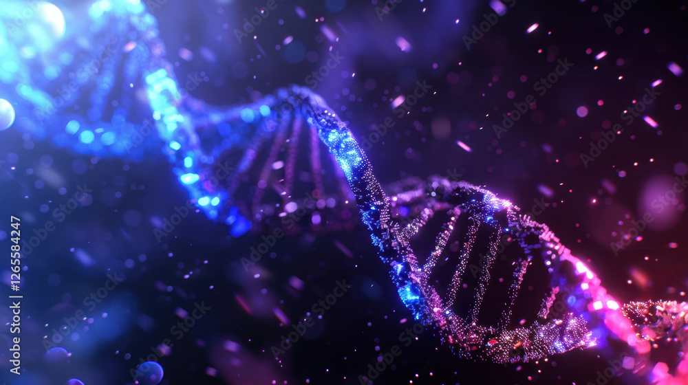 Poster vibrant dna double helix structure illuminated with colorful lights, representing genetic science an