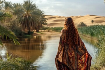 Fototapeta premium Young caucasian female in ornate dress by desert oasis with palm trees and sand dunes