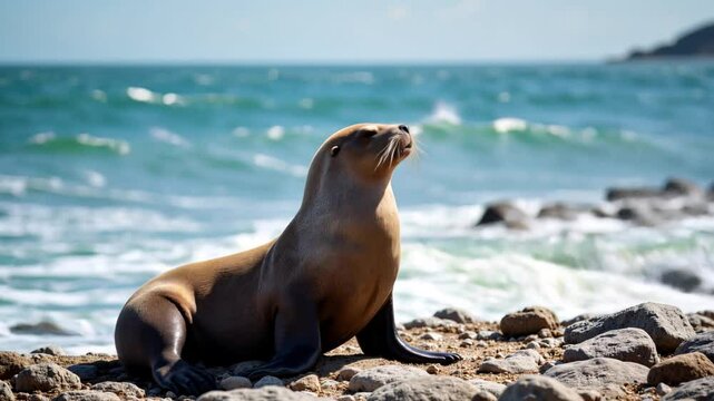 Calm Sea Lion Lounging on Rocky Beach against Ocean Background