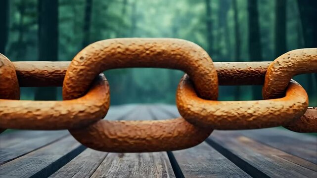 A rusted chain stretches across a wooden surface with a blurred forest background, suggesting themes of connection or constriction.