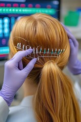 Fototapeta premium Lab Technician Applying EEG Headband, Brainwave Test, Research