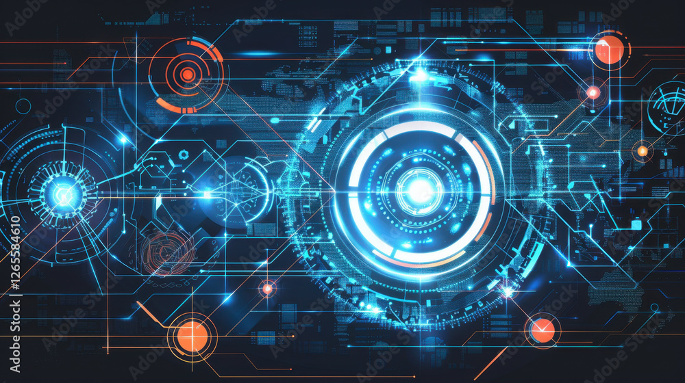 Poster futuristic digital interface with glowing elements and intricate patterns, showcasing technology and