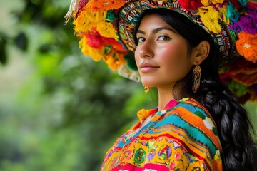 Fototapeta premium Hispanic young female in colorful traditional attire with embroidered hat and earrings outdoors