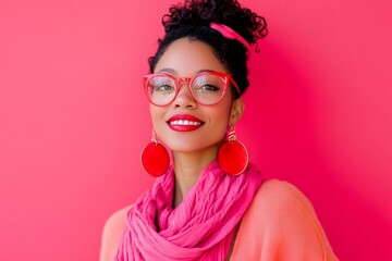 Fashionable young african female with red glasses and pink scarf against pink background