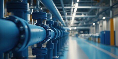 A photograph of blue water pipes in an industrial facility, representing the use and management