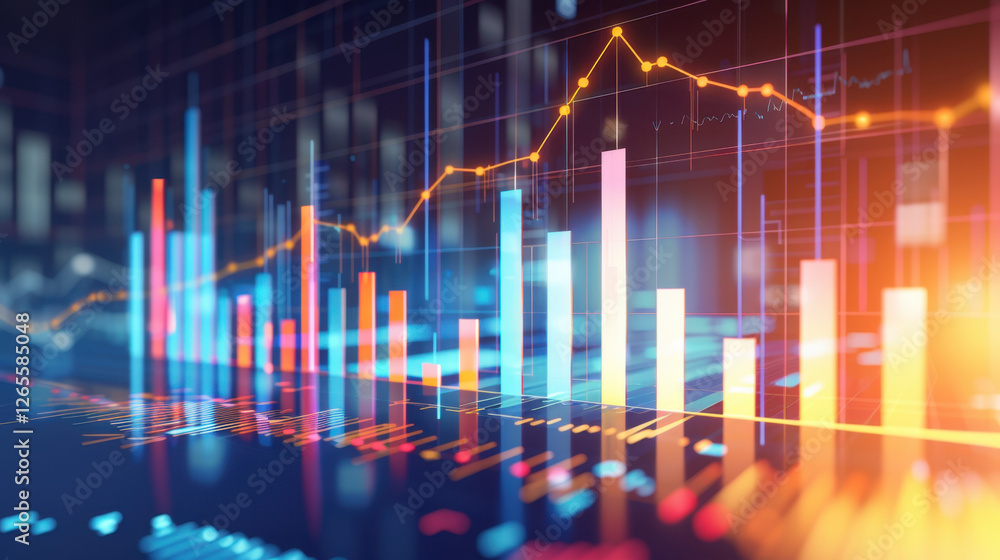 Aufkleber vibrant financial data visualization with colorful bar graphs and line charts, representing market t