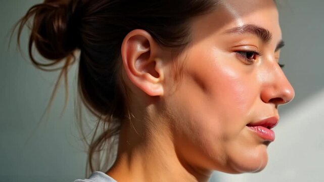 Person inhaling deeply in soft indoor lighting, mindfulness concept	