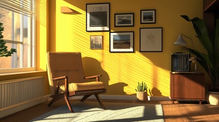 Fototapeta premium Sunlight streams into a yellow room with mid century furniture