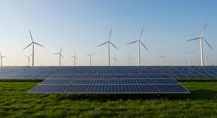 A solar farm located in a lush green field, with wind turbines in the distance.